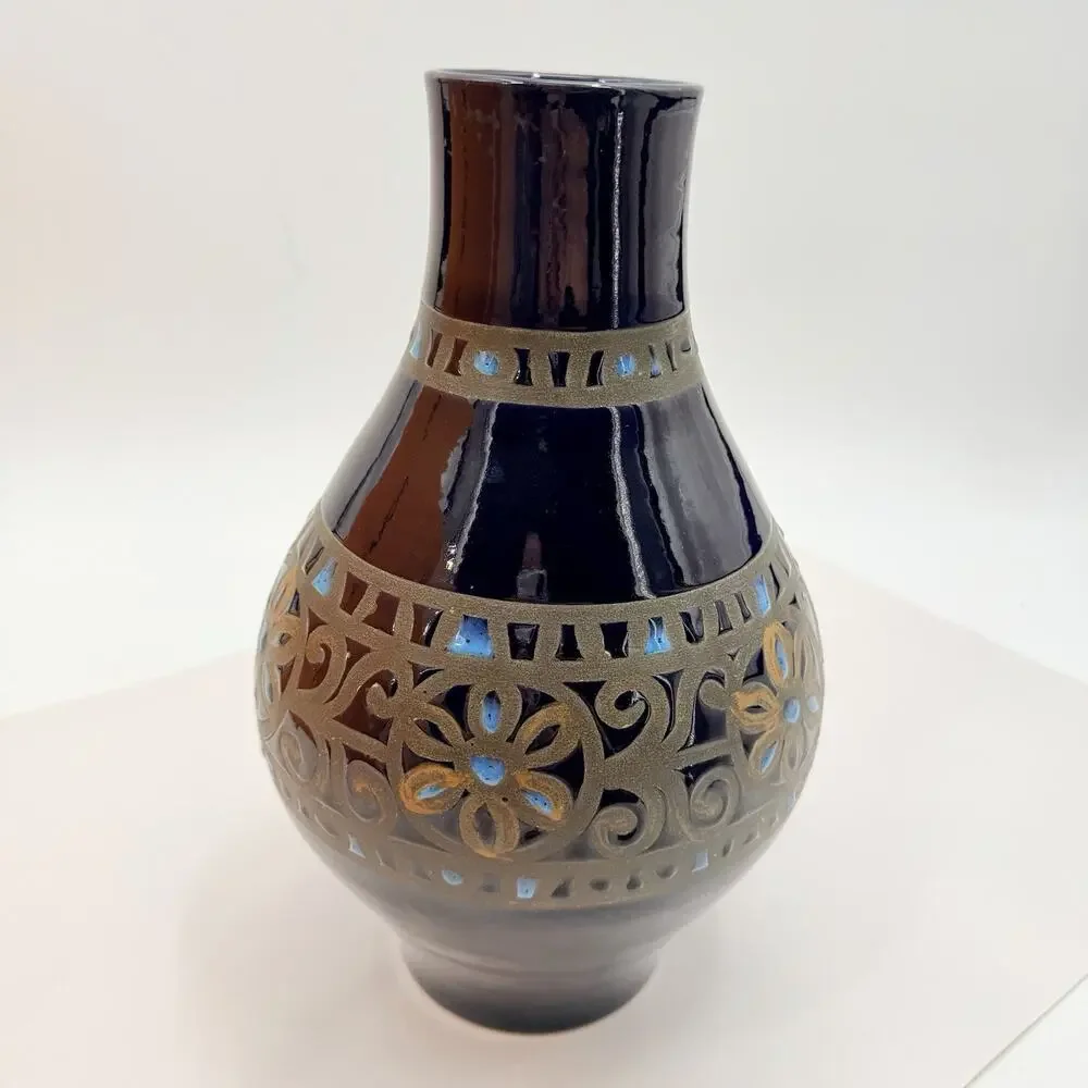 Unique MCM Style Blue Art Pottery Lava Textured Glaze Geo Floral Vase 13.5